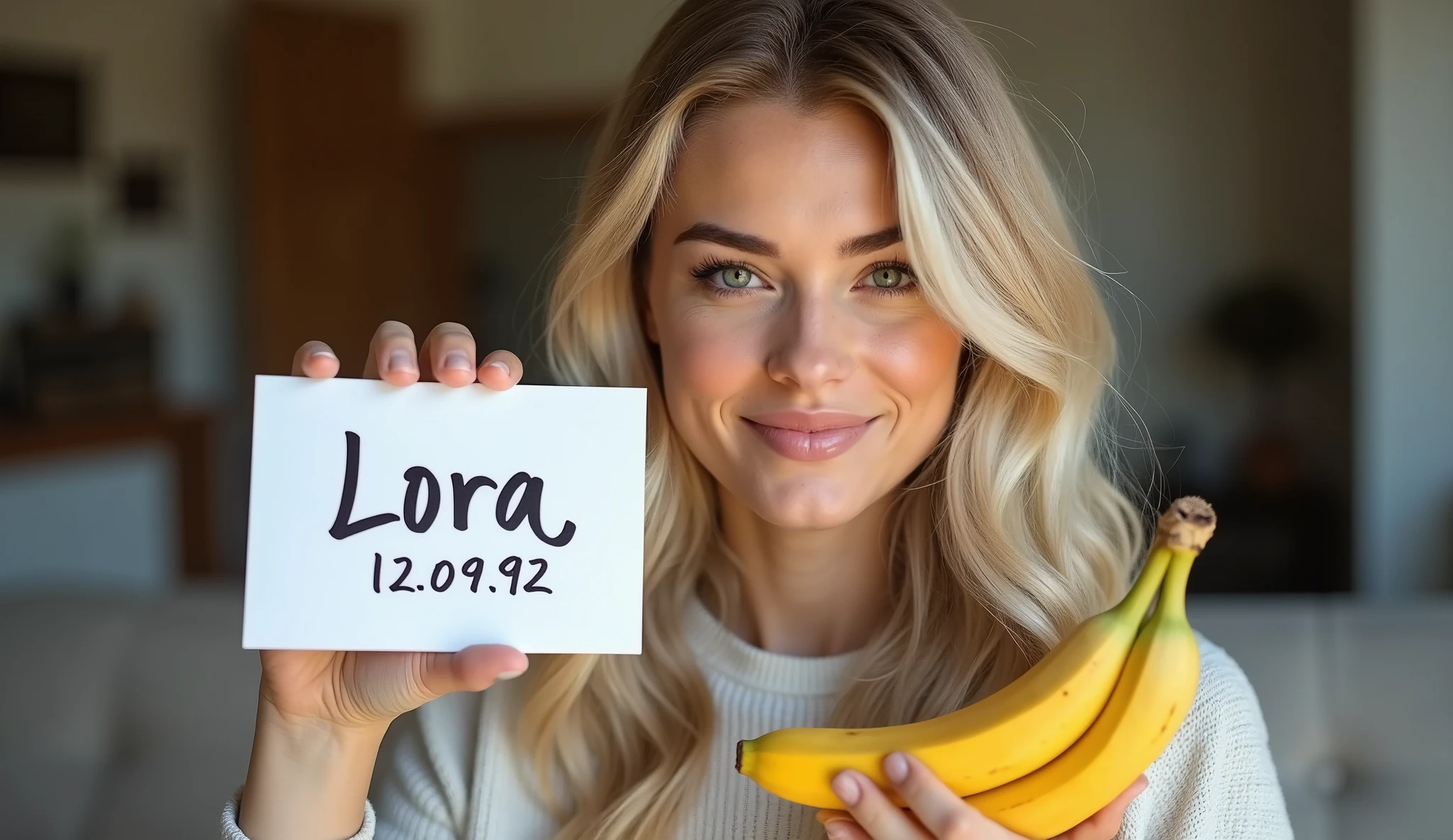 create an influencer,blonde hair,Scandinavian,light eyes,light brown skin,holds up a verification sign that says lora which is handwritten(with a ballpoint pen(12.09.92), in her living room,banana in hand,