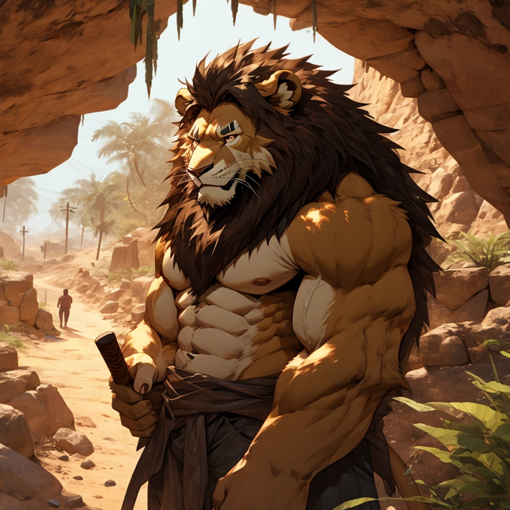 Tomb robbery notes,muscular,A large lion with a jungle machete sweats in a desert cave,Topless