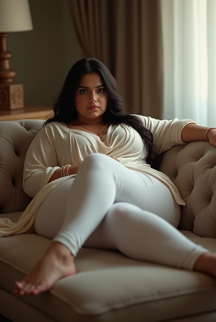 Create a Indian women image big ass. In leggings and kurti big fat legs with tight leggings in resting on sofa with long legs white leggings beautiful white face