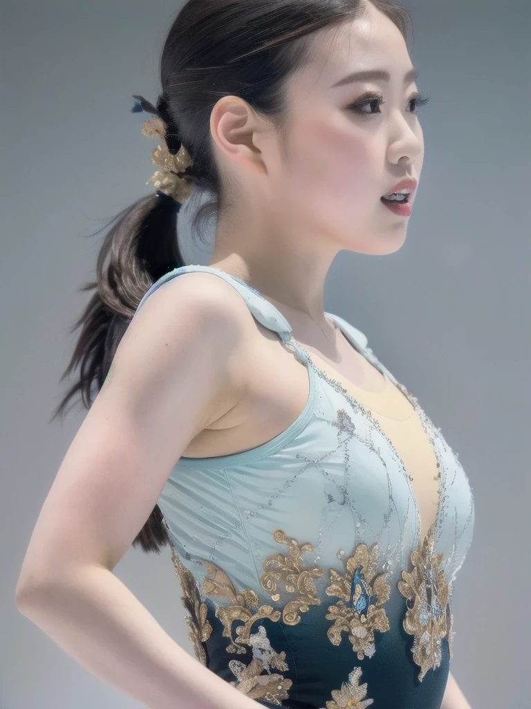 (masterpiece, best quality:1.2),masterpiece,beautiful,extremely detailed,(ultra high res),(8k UHD best quality), (realistic, photo-realistic:1.37), depth_of,field, blurry_background, photo_inset,Dramatic lighting,reference_inset,photo_background,black eyes,photorealistic,looking_at_viewer,1girl,shiny skin,detailed skin, 1girl, solo、Rika、ponytail、Cowboy Shot、Black Hair、Light blue outfit、Armpit、Bare forehead、(Perfectly balanced body)