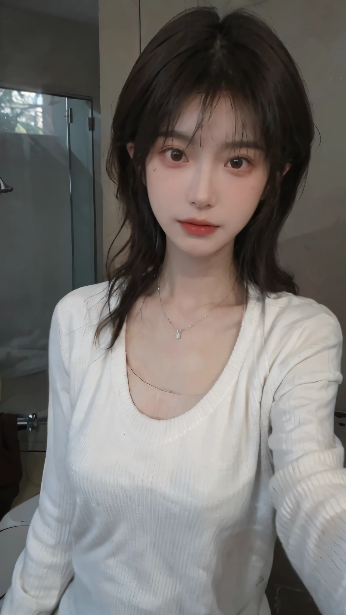 Best quality,Ultra-high resolution,(Realism:1.4),Cute hairpins,Baoyu Girl,1 Girl,Red short sweater,Beautiful woman with a slim figure:1.4,Abdominal muscles:1.1,(Brown hair,Mid-chest:1.3),bathroom,Super delicate face,Exquisite eyes,Double eyelids,make faces,necklace