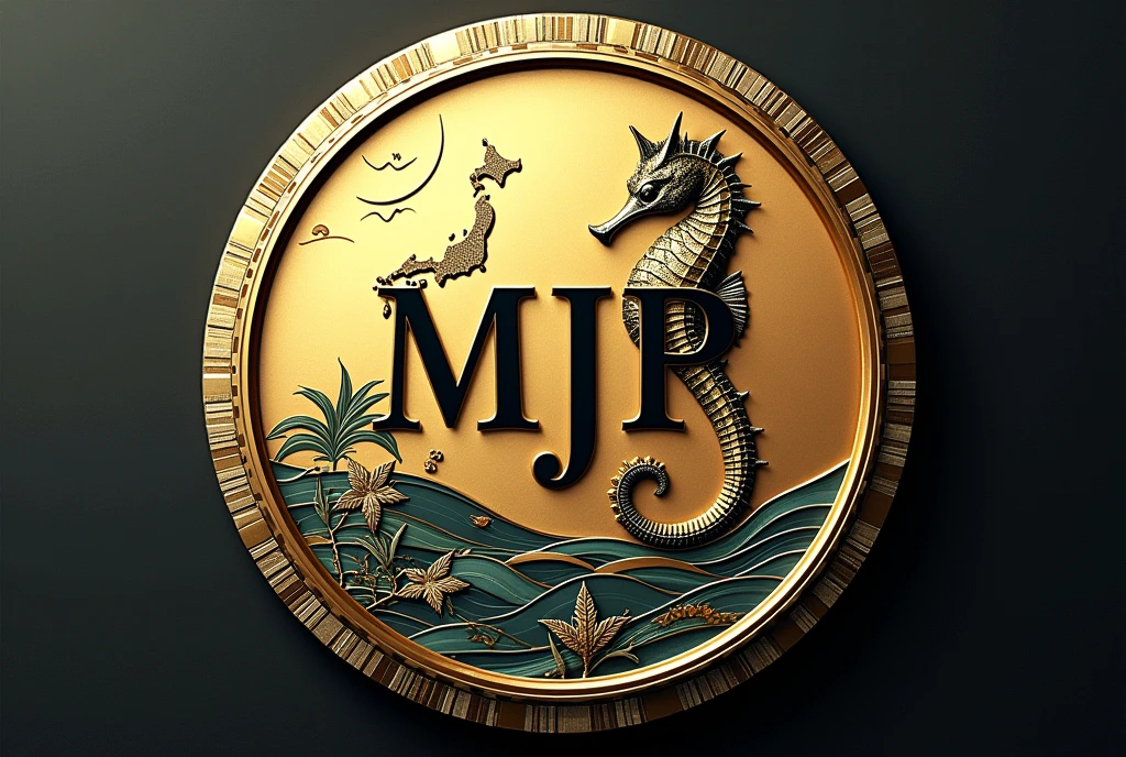 A logo design was created with the letters MJP in the center.。Japanese floating painting style、Seahorse Design. Japanese style、Japanese-style、high quality, A luxurious image. In the center is a map of Japan、Malaysia map hidden..
All designs are housed in luxurious gold frames