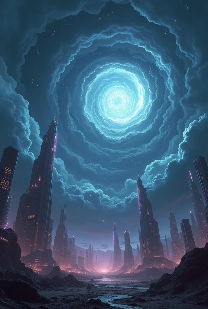 GalacticStorm, stormy twilight, outdoors, sky, vortex clouds, cosmic lightning, meteor shower, no_humans, turbulent_sky, deserted metropolis, space age architecture, meteorite reflection, twilight, dystopian cityscape, futuristic towers, bioluminescent glow, celestial color scheme, stunning visual palette (perfect masterpiece, best quality, best resolution:1.5)(perfect CG 8K UHD unity wallpaper)"