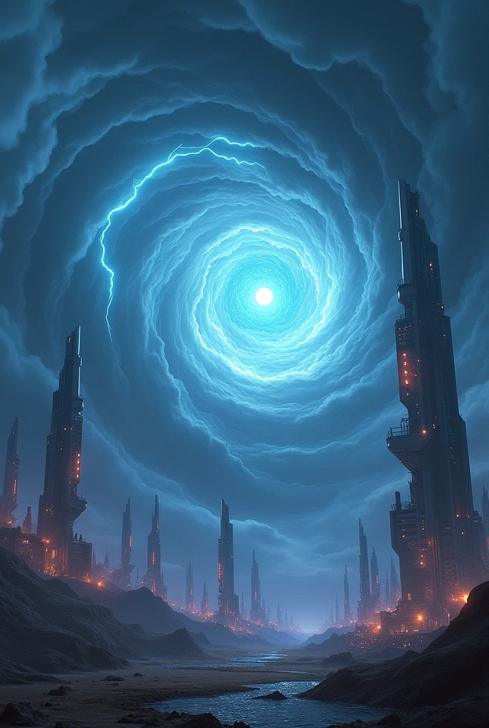 GalacticStorm, stormy twilight, outdoors, sky, vortex clouds, cosmic lightning, meteor shower, no_humans, turbulent_sky, deserted metropolis, space age architecture, meteorite reflection, twilight, dystopian cityscape, futuristic towers, bioluminescent glow, celestial color scheme, stunning visual palette (perfect masterpiece, best quality, best resolution:1.5)(perfect CG 8K UHD unity wallpaper)"