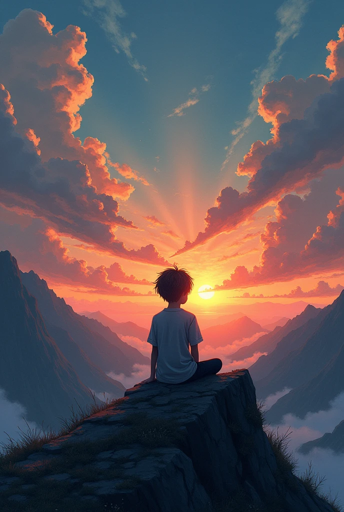 A boy is sadly sited on the mountain showing his back and sunset is occuring the clouds are beautifull