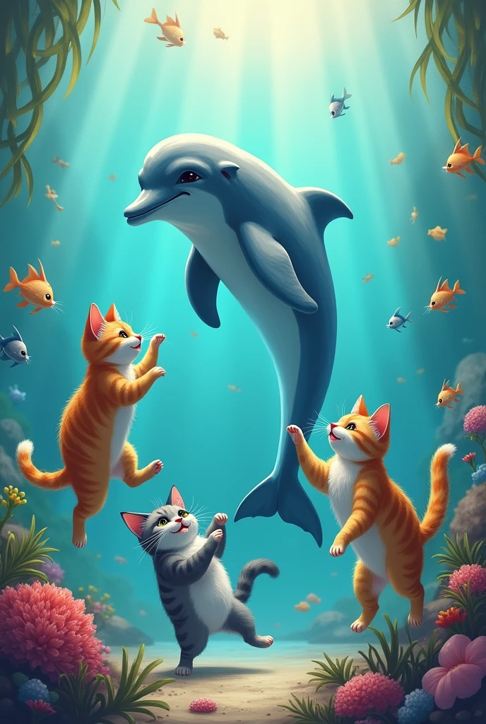 Plusieurs chats jouent avec un dauphin