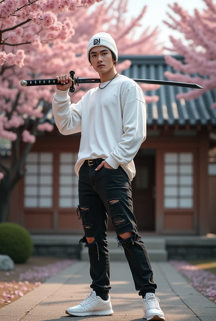 Featuring full HD high resolution images, a handsome man from korea, wearing a long-sleeved white shirt, black ripped jeans, nike brand white sneakers, and wear a white beanie hat with the DL logo, Hair is not visible, the man stands holding a samurai with a macho face looking at the camera, Japanese style house background and cherry blossoms, realistic