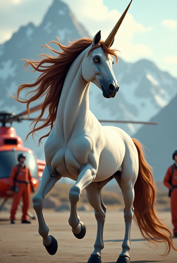 A female unicorn dancing, side view but she turns her head to look at the camera. She is smiling, cheveux brun long undule. She is among helicopter mechanics..Background, there are mountains. realistic
