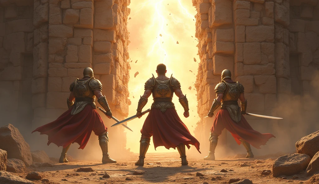 three warriors,break wall, light from the heaven, facing the light