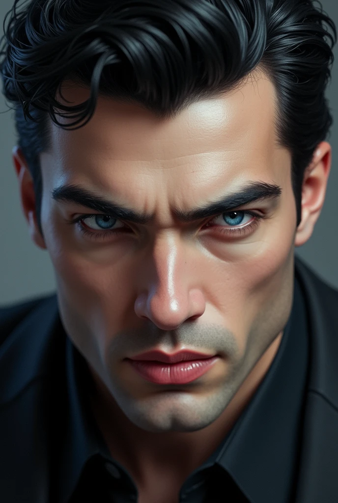 Very handsome man with piercing navy blue eyes but his physique black hair, bushy eyebrows, Tez blanca, turned up nose and carmine colored lips.