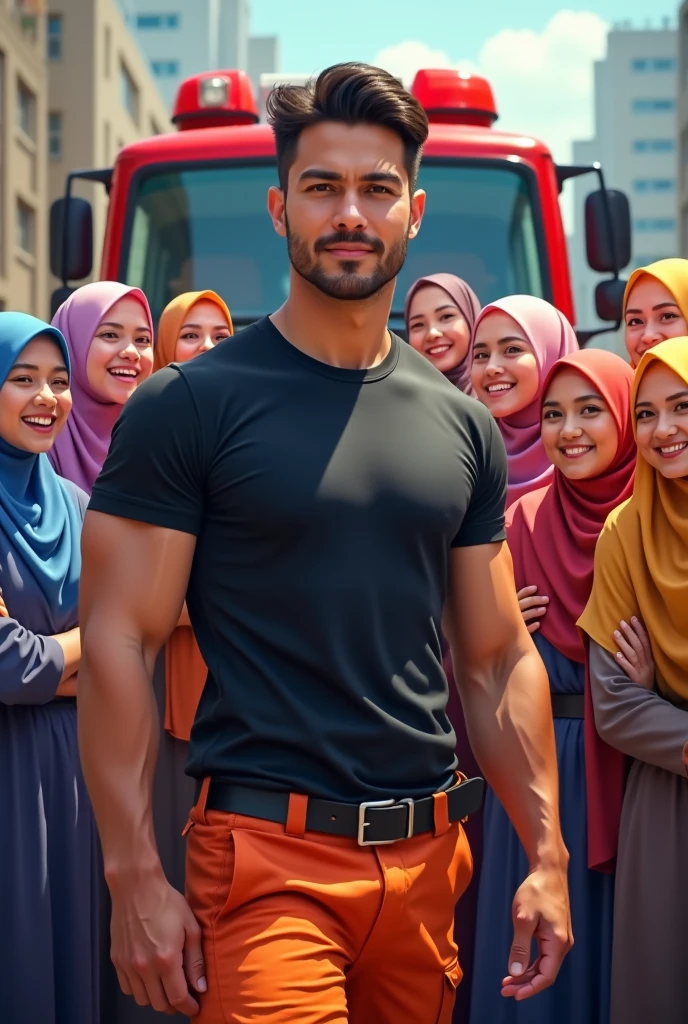Malaysia guy age 2s. 3 big muscle Handsome Man wear Blackshirt. Cargo pant orange firefighter jumpsuit wear tight in . Very muscle body. many girl hijab colorfull women cheerfull face clapping hand surrounded man . Firetruck background