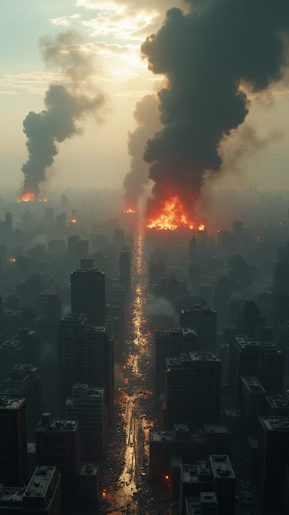  Aerial view、Bombed and burning city