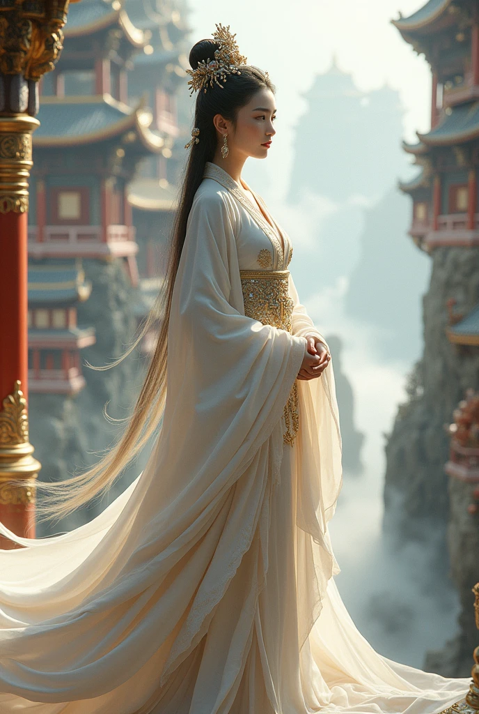 A princess in full Tang Dynasty regalia, dressed in white, stands in a divine palace on a cliff as high as the sky.