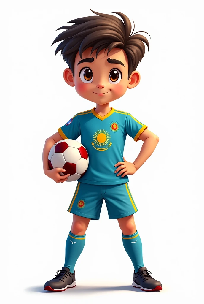 ((officially)) ((masterpiece)) ((Best quality)) ((detailed)) cartoon boy football player with ball in uniform with emblem flag of Kazakhstan on white background