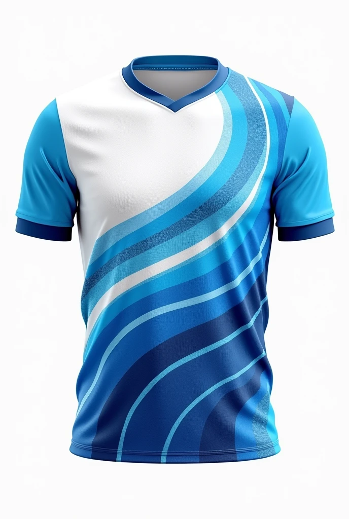 Create a jersey design with following ideas 
Design: Abstract wave patterns in different shades of blue, flowing diagonally across a white base.
Details: The waves can be textured to add a sense of movement.
Logo Placement: Floating within one of the waves, or subtly blended into the pattern.