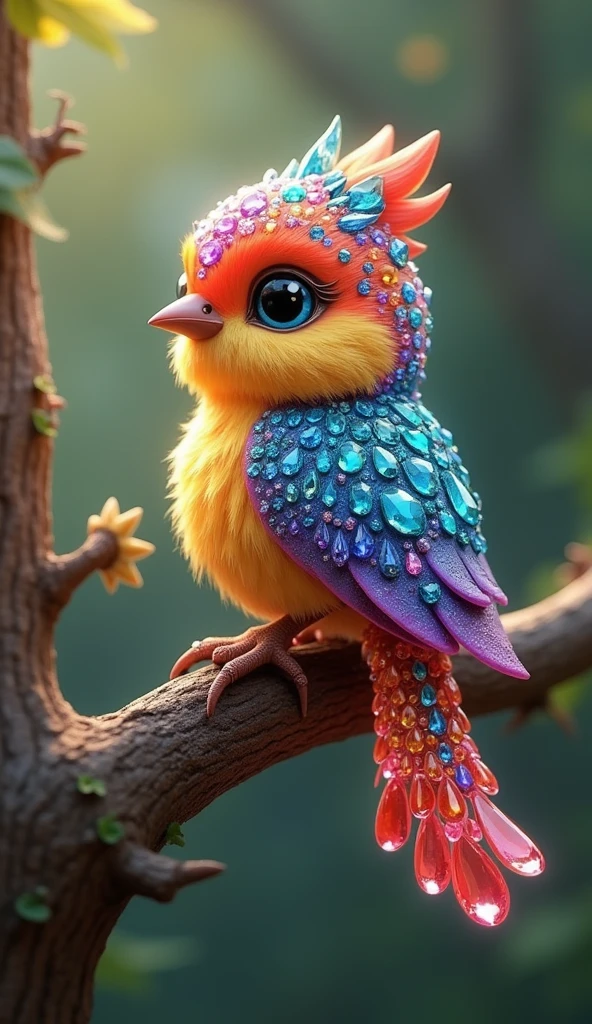 Forbes Diamond「Cute little bird on a tree」teeth、The protagonist is portrayed naturally and realistically.。, Highly detailed and photorealistic, Render the background, Photorealistic concept art, Hyperreal Rendering, Red realistic 3D rendering, Bird Society, Photorealistic images, Highly detailed and photorealistic, Ultra-realistic detailed rendering, Realistic detailed images, Highly detailed rendering, High quality rendering,((A cute little fictional bird with lots of colorful jewels on its body.))Cute fluorescent little bird,His whole body is covered in colored gems,The tail is also covered with jewels,Wear jewels,The feathers are colorful,Sparkling