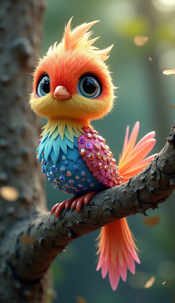 Forbes Diamond「Cute little bird on a tree」teeth、The protagonist is portrayed naturally and realistically.。, Highly detailed and photorealistic, Render the background, Photorealistic concept art, Hyperreal Rendering, Red realistic 3D rendering, Bird Society, Photorealistic images, Highly detailed and photorealistic, Ultra-realistic detailed rendering, Realistic detailed images, Highly detailed rendering, High quality rendering,((A cute little fictional bird with lots of colorful jewels on its body.))Cute fluorescent little bird,His whole body is covered in colored gems,The tail is also covered with jewels,Wear jewels,The feathers are colorful,Sparkling
