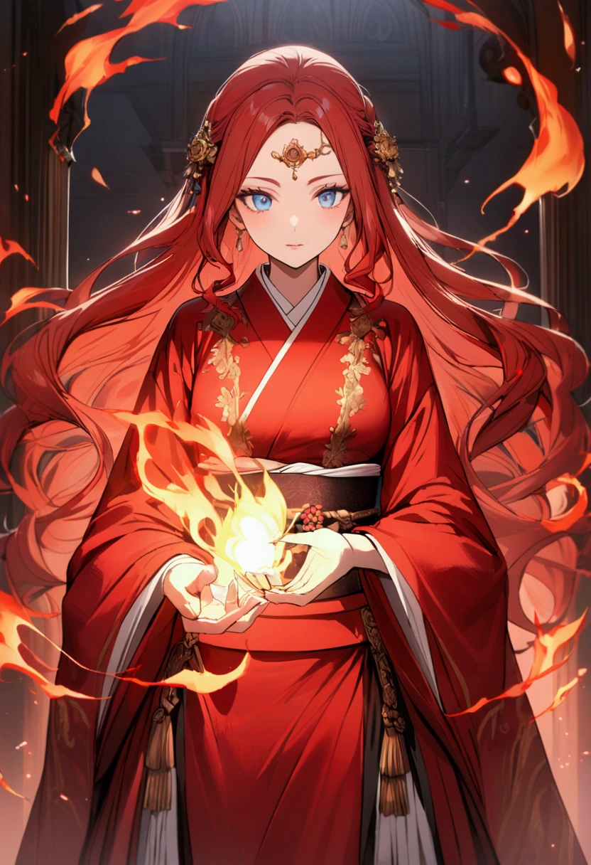 red hair woman, long and wavy, bangs on the forehead, blue eyes, white and red kimono,using fire magic