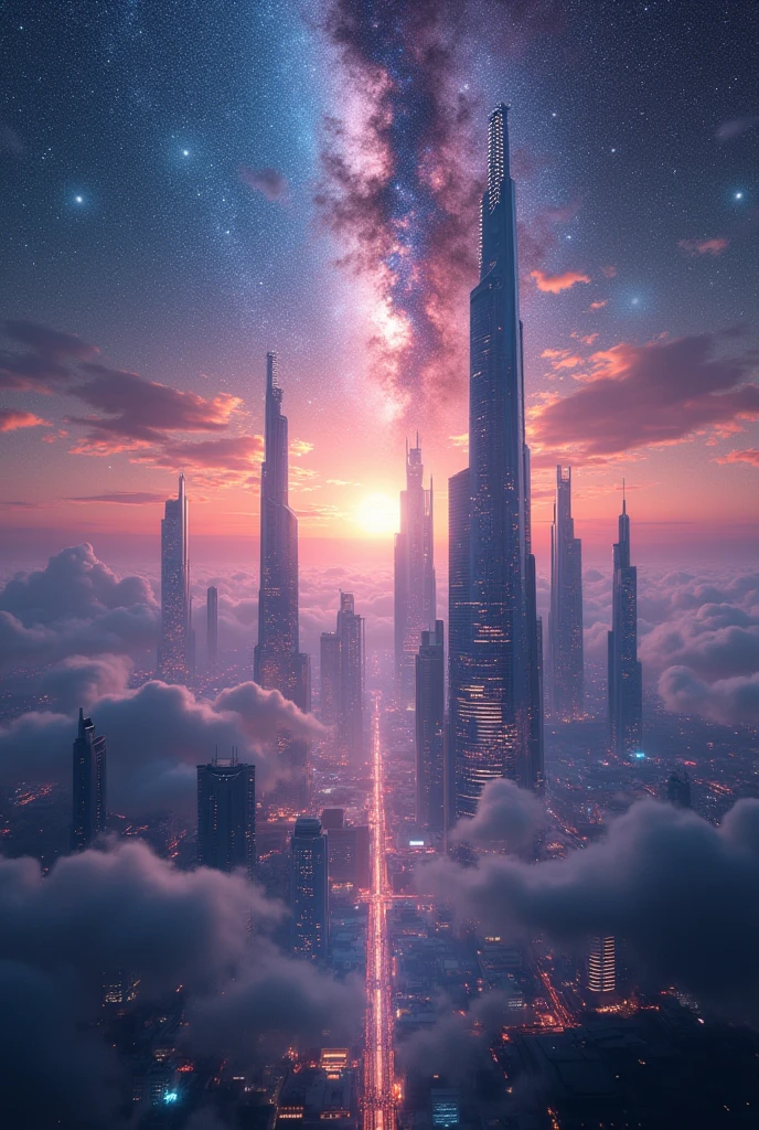 NebulaVista, interstellar dawn, outdoors, sky, swirling galaxies, radiant stars, cosmic dust, no_humans, galaxy_sky, futuristic city, sleek buildings, nebula reflection, dawn, sci-fi skyline, glowing towers, starry illumination, transcendent color scheme, exquisite color balance (perfect masterpiece, best quality, best resolution:1.5)(perfect CG 8K UHD unity wallpaper)"