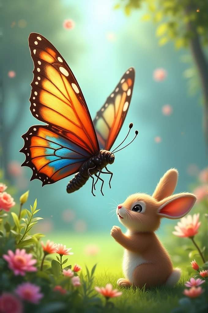 A joyful butterfly fluttering with excitement, thanking the rabbit."
