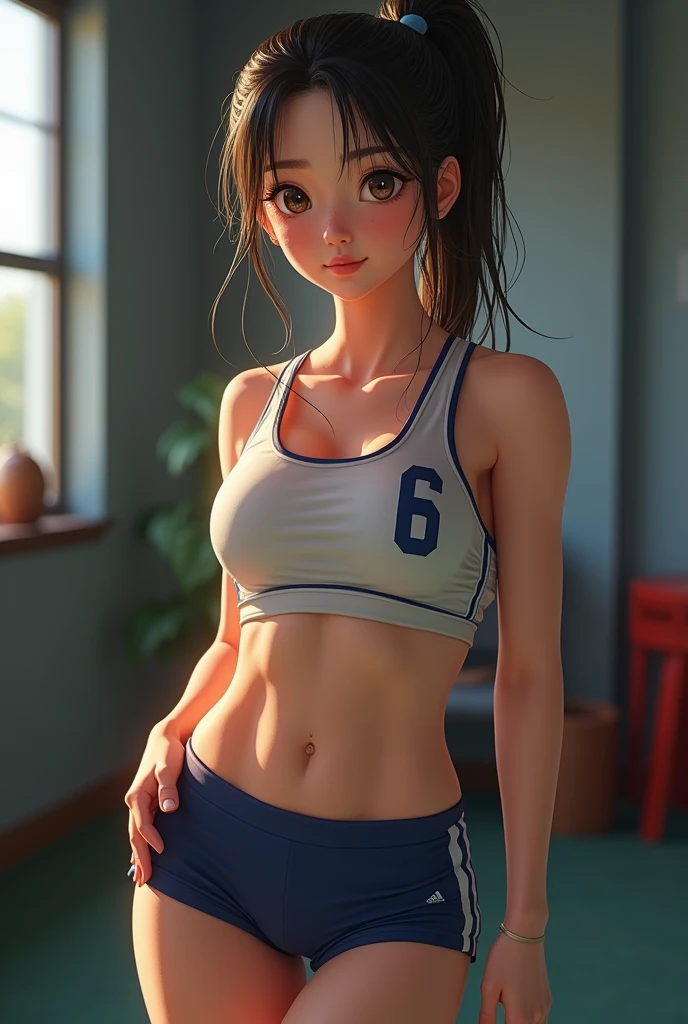 Track and field club、Female university student、1、Japanese、Cute face like an idol、Track and field clubユニフォーム、Sweating、Uniforms that expose a lot of skin、sexy、ponytail、I have a little muscle、The abdominal muscles are lightly cracked、Realistic images、(best quality,4K,8k,highres,masterpiece:1.2),ultra-detailed,(realistic,photorealistic,photo-realistic:1.37),HDR,uhd,studio lighting,ultra-fine painting,sharp focus,physically-based rendering,extreme detail description,professional,vivid colors,bokeh,cinematic lighting,dramatic shadow、High resolution, High-resolution model, Retina, Textured skin, Ultra high definition, accurate, 