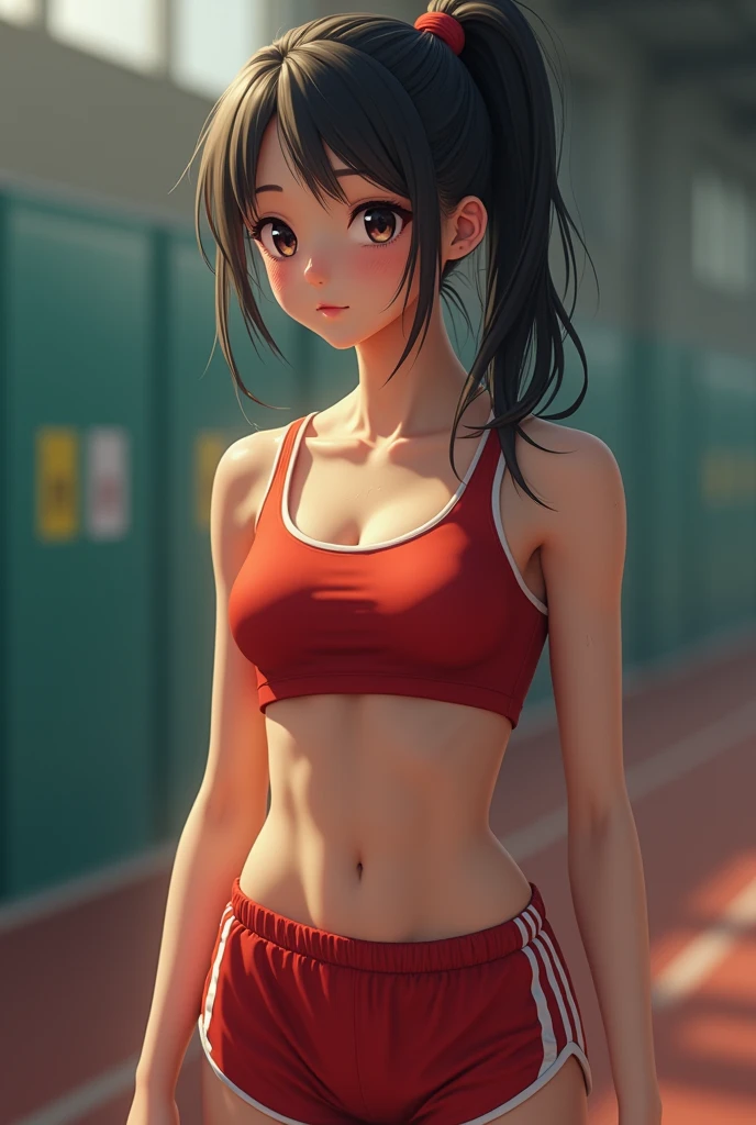 Track and field club、Female university student、1、Japanese、Cute face like an idol、Track and field clubユニフォーム、Sweating、Uniforms that expose a lot of skin、sexy、ponytail、I have a little muscle、The abdominal muscles are lightly cracked、Realistic images、(Genuine realism)、(best quality,4K,8k,highres,masterpiece:1.2),ultra-detailed,(realistic,photorealistic,photo-realistic:1.37),HDR,uhd,studio lighting,ultra-fine painting,sharp focus,physically-based rendering,extreme detail description,professional,vivid colors,bokeh,cinematic lighting,dramatic shadow、High resolution, High-resolution model, Retina, Textured skin, Ultra high definition, accurate, Very detailed, Anatomically correct, 