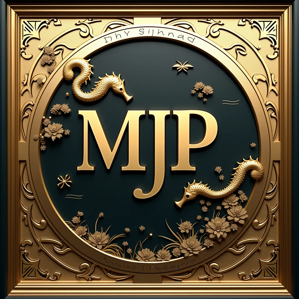 A logo design was created with the letters MJP in the center.。Japanese floating painting style、Seahorse Design. Japanese style、Japanese-style、high quality, A luxurious image. In the center is a map of Japan、Malaysia map hidden..
All designs are housed in luxurious gold frames