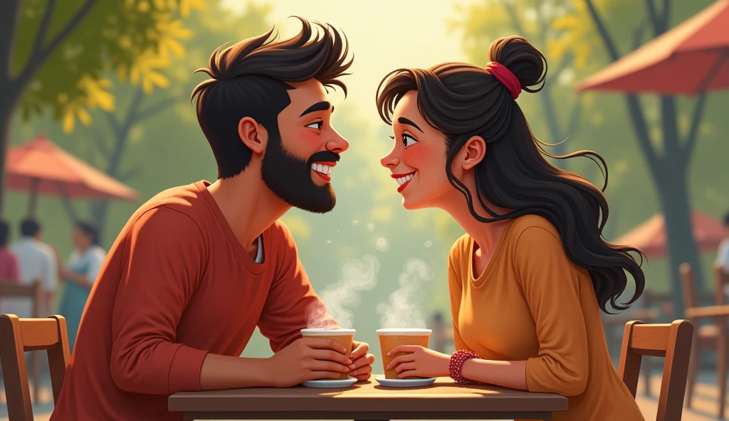 Growing Friendship: A warm and playful moment where Ravi and Simmi are laughing together, perhaps sitting in a park or at a small town café, as their bond grows stronger