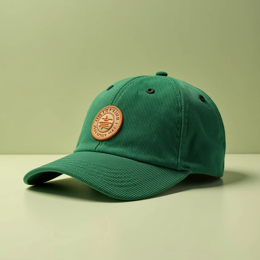 vintage style,green color,a corduroy materials baseball cap with front 3d embroidery logo,brim lineis six lines,solid color background