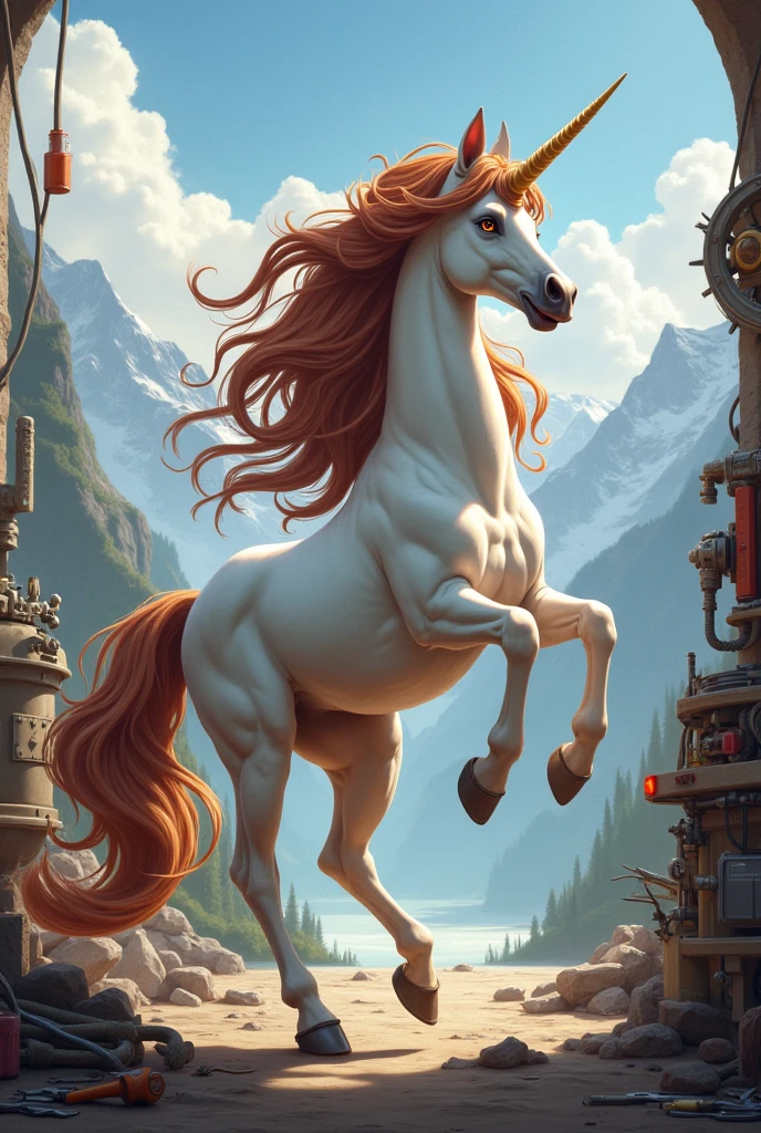 A female unicorn dancing, side view but she turns her head to look at the camera.  She is smiling, cheveux brun long undule. She is among helicopter mechanics..Background, there are mountains