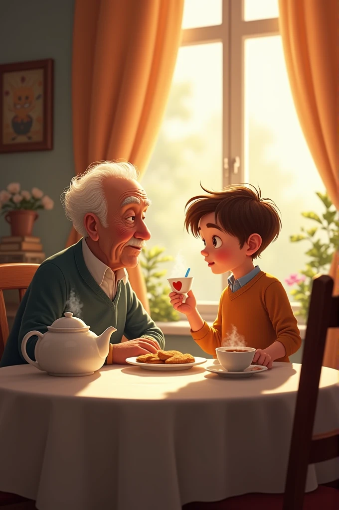 boy are coming to his grandfather house and their taking tea in their dining room