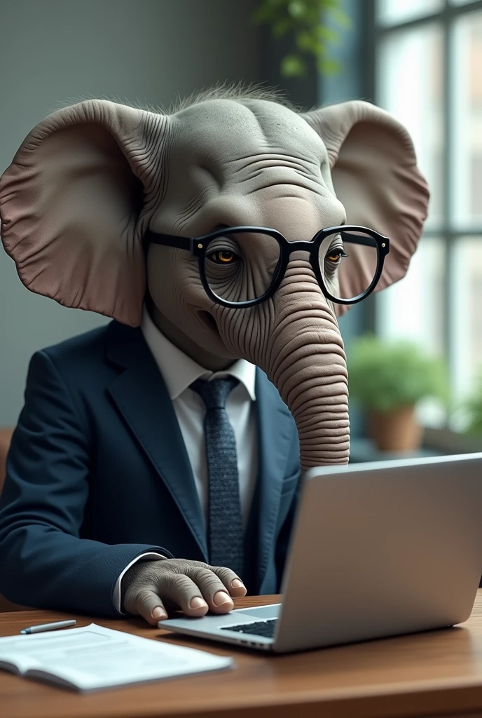 A realistic elephant with a nerdy vibe, wearing a suit and glasses. The elephant is focused on a laptop, deeply engaged in creating Google Ads. Its expression is concentrated and detail-oriented, with an organized workspace featuring the laptop, papers, and other digital tools. The background is simple, emphasizing the elephant's professional yet geeky atmosphere as it works on digital marketing tasks."