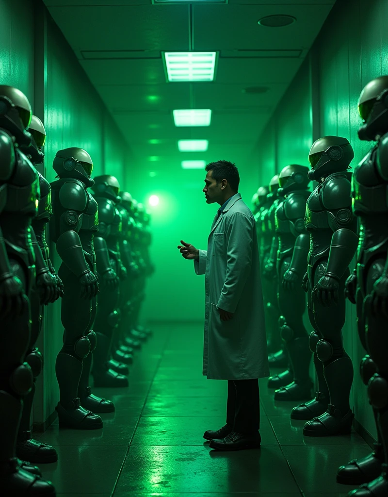 Dr. Minion Kevin enters a secret room filled with high-tech armor. The armors are hung on the wall with flashing green lights., reflected on Kevin&#39;s face as he approached a special suit of armor..