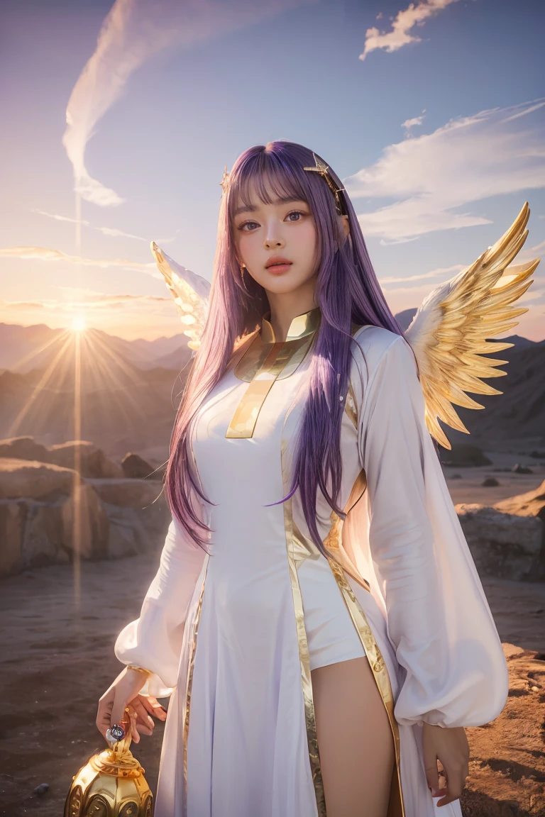 ((Masterpiece, best quality, very detailed), Volumetric light, surrounding occlusion, colorful, glow), 
1 girl, alone, young girl, (purple hair), long hair, radius, Aura, sacred, goddess, Priest Uniform, (White dress with gold details:1.3), angel wings,
outdoor, sunset, sky, cloud, space, (Fantasy Theme:1.2),