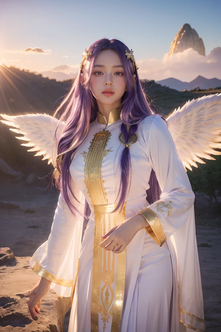 ((Masterpiece, best quality, very detailed), Volumetric light, surrounding occlusion, colorful, glow), 
1 girl, alone, young girl, (purple hair), long hair, radius, Aura, sacred, goddess, Priest Uniform, (White dress with gold details:1.3), angel wings,
outdoor, sunset, sky, cloud, space, (Fantasy Theme:1.2),