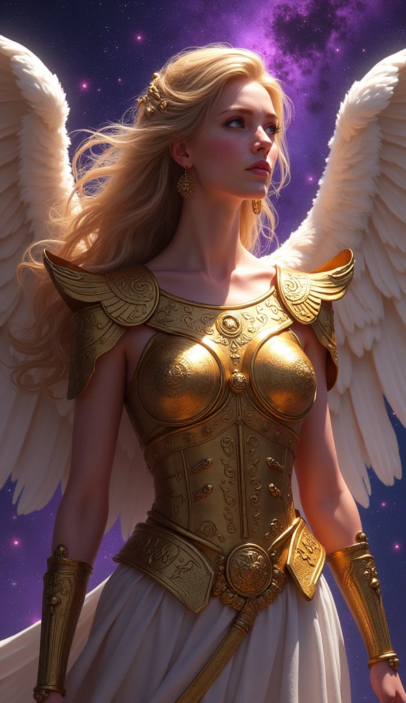Beautiful female angel, Ancient Roman gold armor, Starry sky with constellations in the background, Purple hue like a nebula