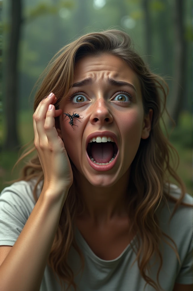Photographer: 1280 px x 720px 16:9 The face of a scared surprised and crying because she has a nest of ants in her ear. . The image of the girl has to be as realistic as possible . Blurred forest and land background behind her. She has to be touching her ear with pain . Put ants in there