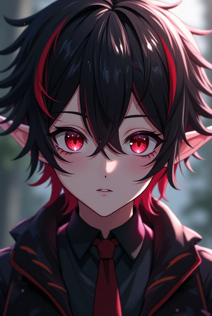 ,Lilia Vanrouge Twisted Wonderland,One boy,Black Hair, Striped red hair,Multicolored Hair,Dark red eyes,Pointed Ears, Male Focus, View your viewers,Highest quality, 8K