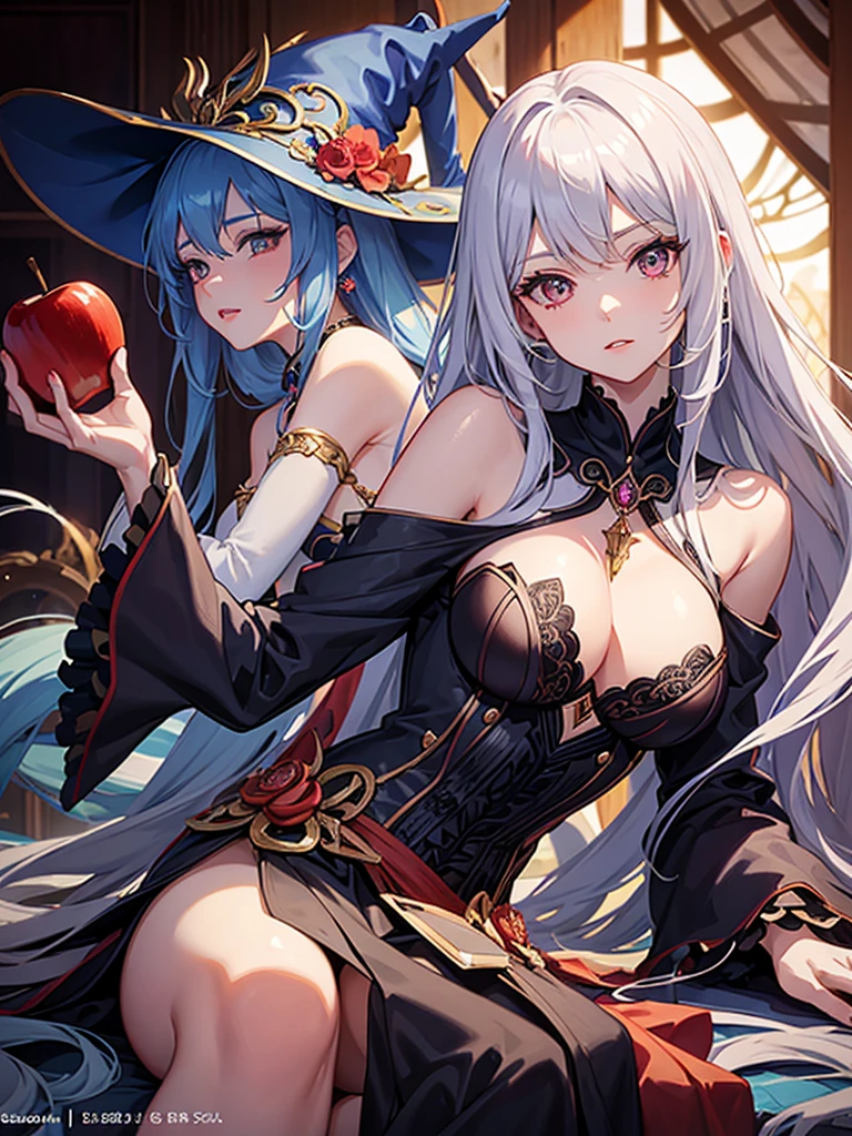 A beautiful anime Lady wearing a wizard’s hat and スカル charm,holding an darkred apple stands in front of a bar. This high-quality, detailed illustration features a dark witch with provocative vibes. Her silver hair is intricately woven into loose braids, and her detailed face includes long eyelashes and beautiful lips. The dynamic pose, dramatic lighting, and vibrant colors create a fantasy atmosphere, evoking magic and enchantment.Short bangs, Character profile,