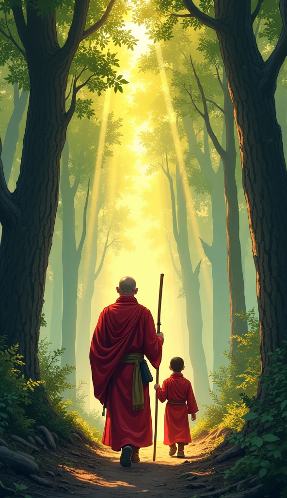 Scene: A dense forest at sunrise, with rays of light filtering through the trees.
Character Description: The wise monk, with a calm expression, wearing simple robes and carrying a walking staff. The young disciple, a nervous-looking young man, walks a few steps behind.
In comic style both were red