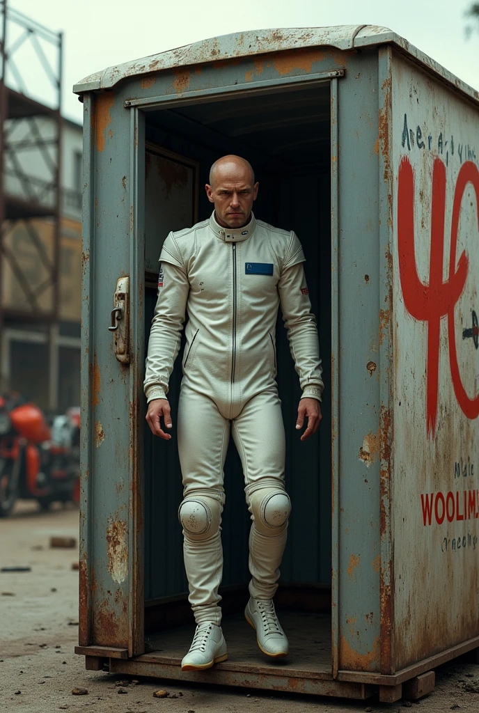 Bald motorcycle racer in white leathers being attacked in a portaloo