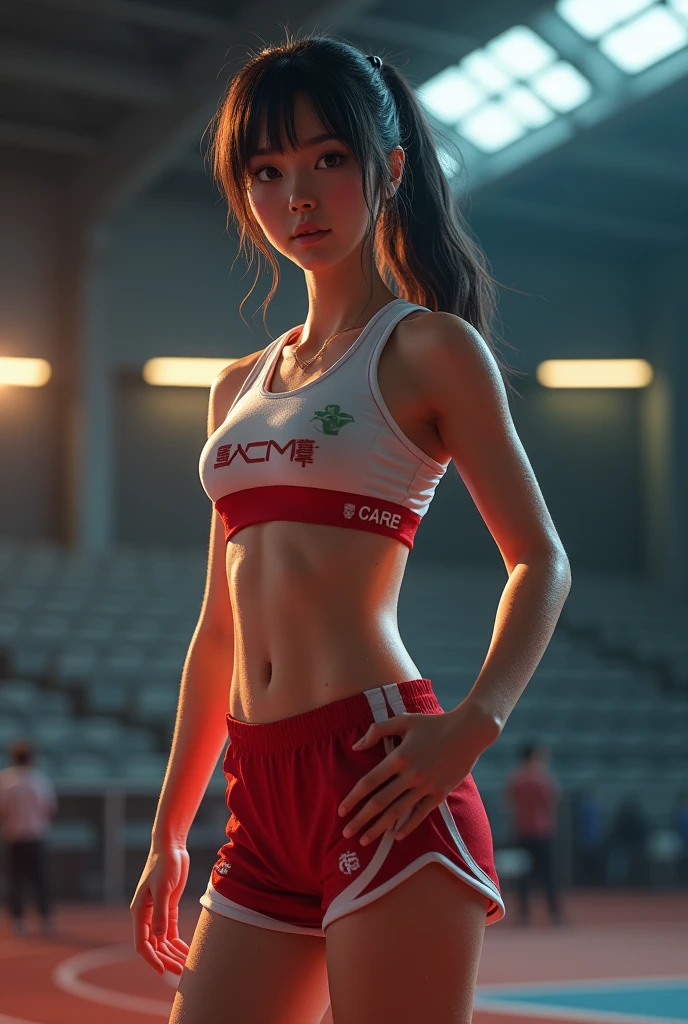 Track and field club、Female university student、1、Japanese、Cute face like an idol、Track and field clubユニフォーム、Sweating、Uniforms that expose a lot of skin、sexy、ponytail、I have a little muscle、The abdominal muscles are lightly cracked、Realistic images、(Genuine realism)、(((Like a real photo)))、(best quality,4K,8k,highres,masterpiece:1.2),ultra-detailed,(realistic,photorealistic,photo-realistic:1.37),HDR,uhd,studio lighting,ultra-fine painting,sharp focus,physically-based rendering,extreme detail description,professional,vivid colors,bokeh,cinematic lighting,dramatic shadow、High resolution, High-resolution model, Retina, Textured skin, Ultra high definition, accurate, Very detailed, Anatomically correct,