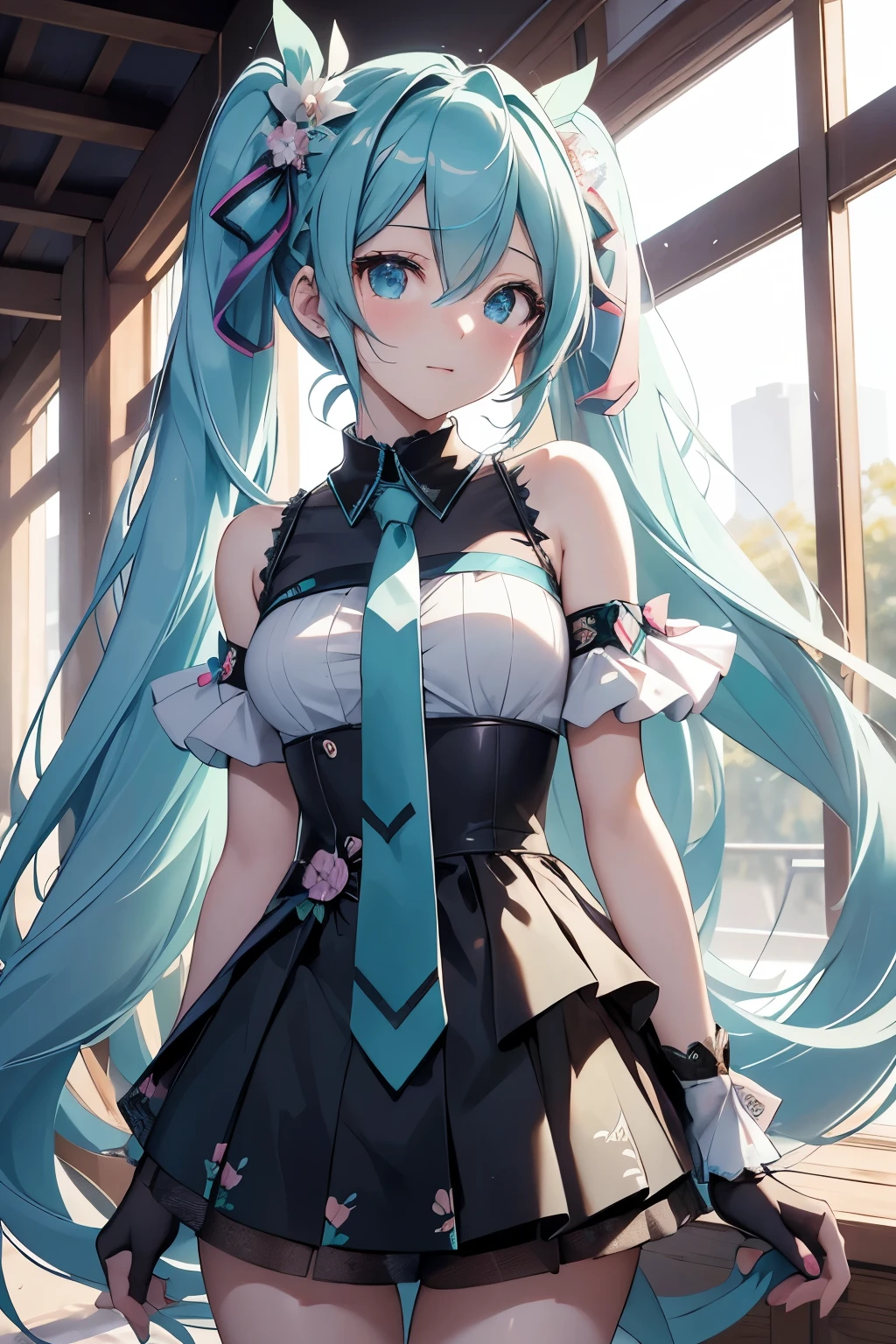(best quality,4K,8K,high resolution,masterpiece:1.2),Extremely detailed,(Practical,photoPractical,photo-Practical:1.37),Acrylic painting,Hatsune Miku身穿洛丽塔连衣裙,With fluffy hair,Hatsune Miku有着极其丰富多彩的头发和细致的面部特征,Hatsune Miku站在星空环绕的美丽花园中,Hatsune Miku身穿鲜艳的洛丽塔连衣裙,Hatsune Miku (hatsune miku) Wear with sophisticated accessories and a matching hat,Hatsune Miku双手叉腰,Elegant pose,长长飘逸的双马尾的Hatsune Miku,Hatsune Miku有着明亮的蓝色眼睛和红润的嘴唇,Hatsune Miku露出喜悦的表情,Hatsune Miku以动感姿势出现在她周围,Cherry Blossoms Falling,Hatsune Miku被五彩缤纷的花朵和蝴蝶包围,Hatsune Miku的连衣裙饰有可爱的蝴蝶结和蕾丝细节,Hatsune Miku带着迷人的微笑,Hatsune Miku与软, Soft tones,Hatsune Miku散发着神奇的光芒,Hatsune Miku身处风景如画的环境中,A winding path leads to a magnificent castle,Hatsune Miku手拿麦克风热情歌唱,童话般的背景的Hatsune Miku,Hatsune Miku用柔软的, Dreamy atmosphere,具有微妙散景效果的Hatsune Miku,Hatsune Miku站在月光下,Hatsune Miku带着温暖, Golden sunset in the background,Hatsune Miku被闪烁的星星和色彩斑斓的星云包围,creating an ethereal and captivating artistic masterpiece.