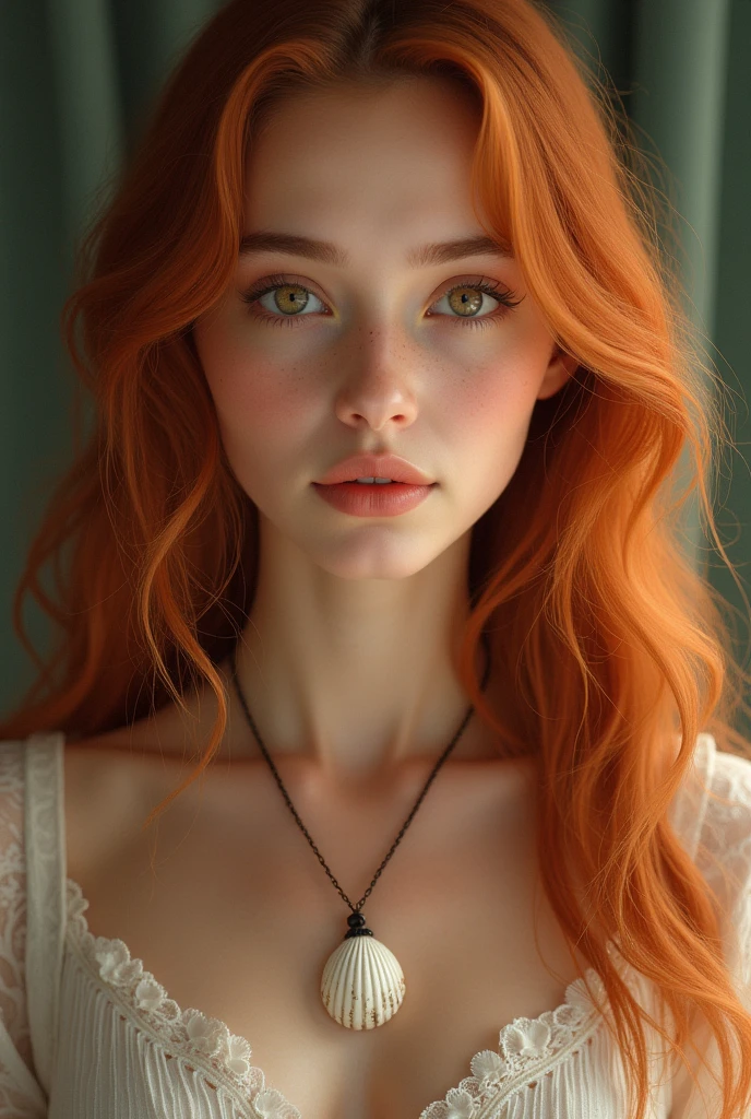 book cover. My beloved, Leah. Girl long wavy copper hair, clear brown eyes, clear skin, with a handmade necklace made from a shell, with a mole on the upper lip on the right side, that demonstrates the image that speaks of a journey in time 
