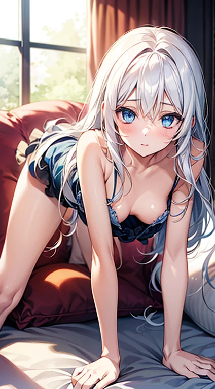 1_girl, Long white hair, Blue Eyes, Small breasts, Sexy pose wearing white, cushion, Lots of light, On all fours、riding a man&#39;s body、White liquid on the face、Pose of jumping on man&#39;s face、Stick your butt out、I can see the nipples、