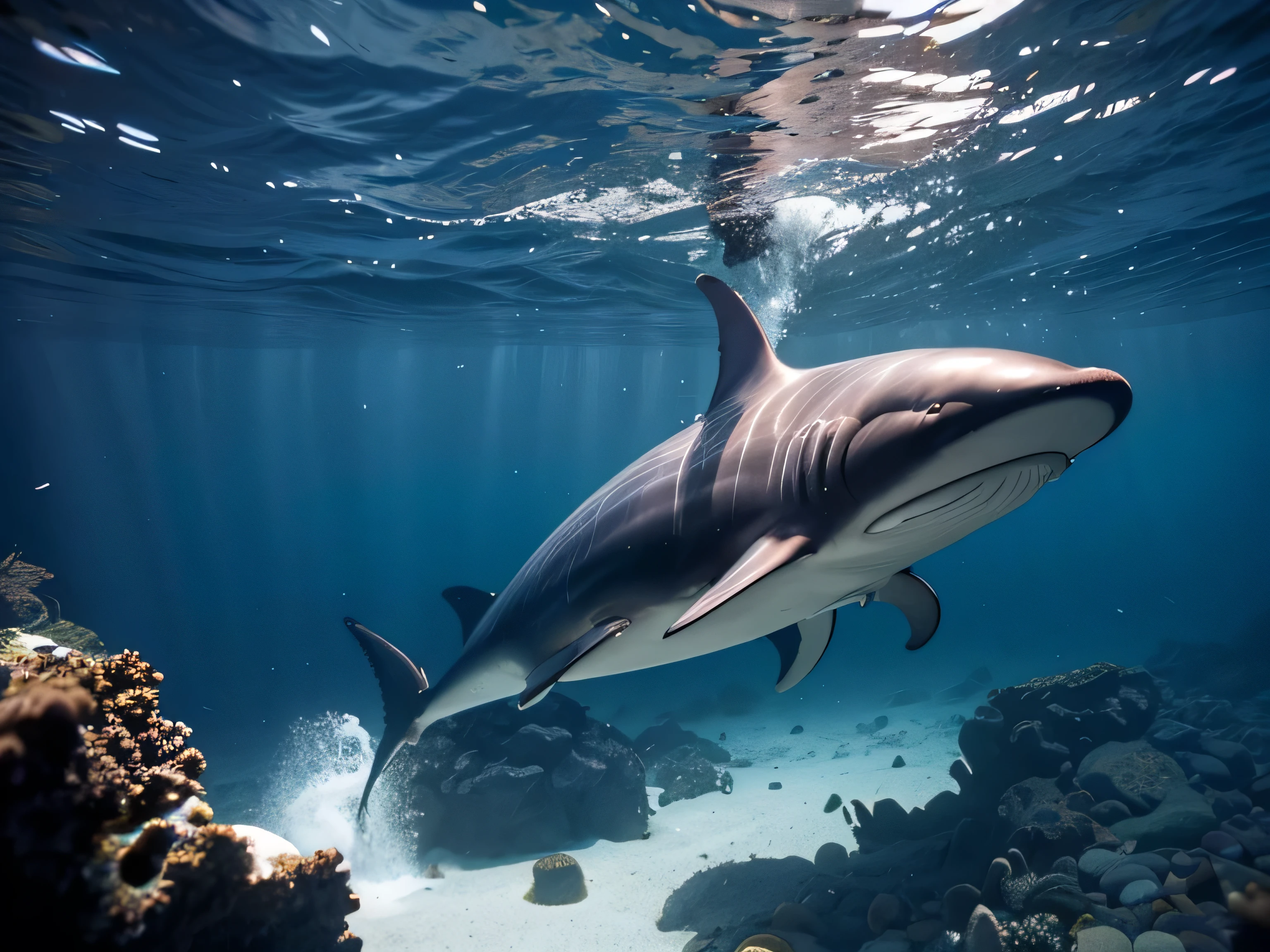 minke whale in the deep ocean, Mariana Trench, deep ocean, little light