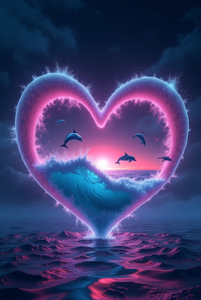 A sparkling open heart object、romantic、photograph、Panorama、Neon color、Bright colors、Ultra-high resolution、
Inside the open heart is a picture of the ocean、Starry sky in the background、The overall image is dark, but the heart-shaped object shines brightly.、
A sky studded with stars、Dolphins jumping in the sea、