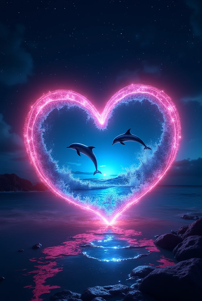 A sparkling open heart object、romantic、photograph、Panorama、Neon color、Bright colors、Ultra-high resolution、
Inside the open heart is a picture of the ocean、Starry sky in the background、The overall image is dark, but the heart-shaped object shines brightly.、
A sky studded with stars、Dolphins jumping in the sea、