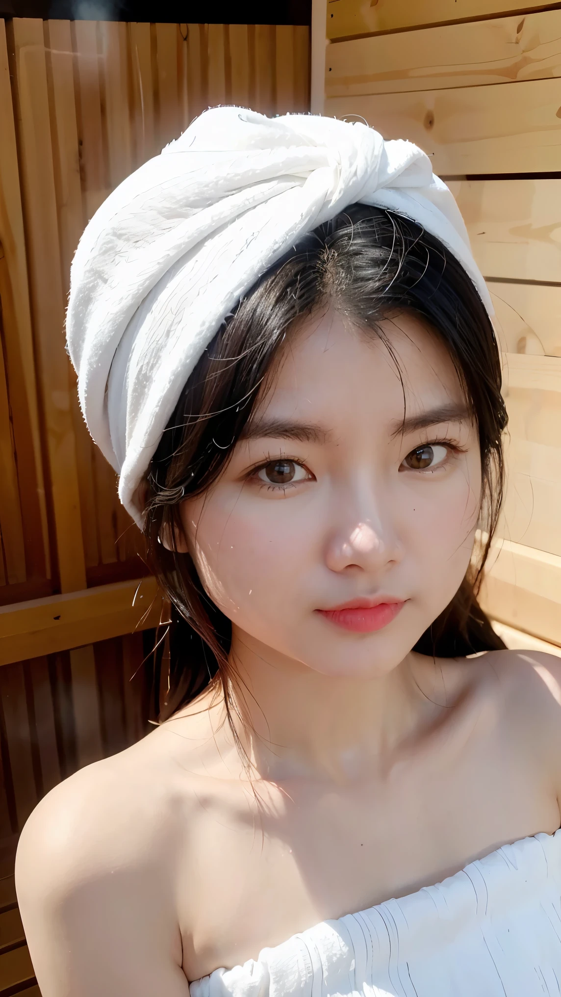1Girl, Solo, (Masterpiece, Best Quality, 8K,,Photorealistic, real girl, mulberry:1.37), looking up at viewer, 1 dainty Japan, Slender body type: 1.1, Small breasts, Sitting, sauna, Double eyelids, Droopy Eyes, A dark-haired, (Sweaty face, Sweaty body: 1.2): 0.2, (White Oversized Towel Dress, strapless), (small in size, White Towel Turban: 1.1),, realistic body, makeups, Gloss slip, focus on face, smaller face, Sharp focus, Layered Cut, facing the viewer, The sauna has the following.., shot from the front