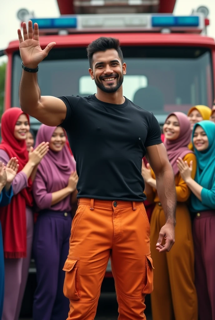 Malaysia guy age 2s. 3 big muscle Handsome Man wear Blackshirt. Cargo pant orange firefighter jumpsuit wear tight in hand wave to the girl . Very muscle body. many girl hijab colorfull women cheerfull face clapping hand surrounded man . Firetruck background